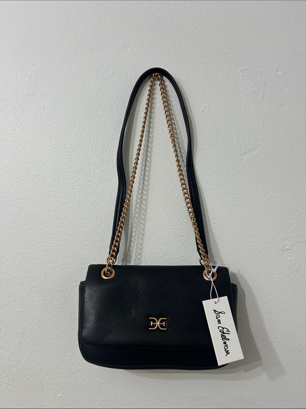 Sam Edelman Black Leather Shoulder Bag with Gold Chain Strap